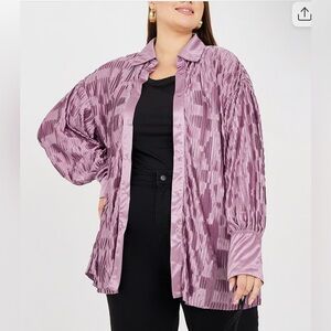 Ces Femme Dusty Pink Shiny Long Sleeves Button Up Shirt Top Size L Stretch Pink